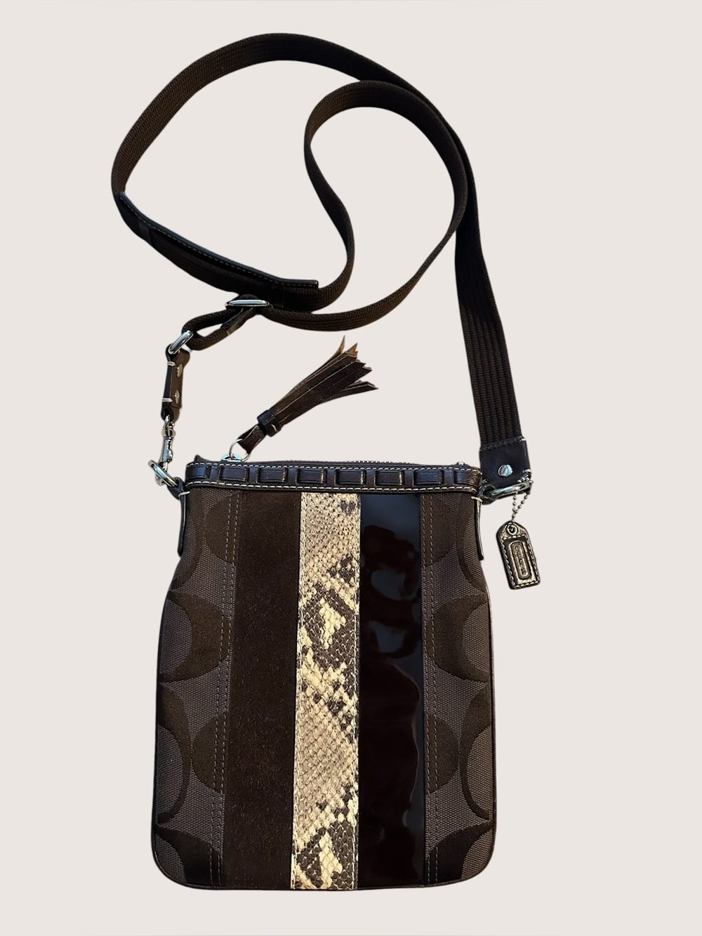 Y2K Vintage Coach Hampton Brown Leather Snake-Embossed Suede Crossbody Bag EUC